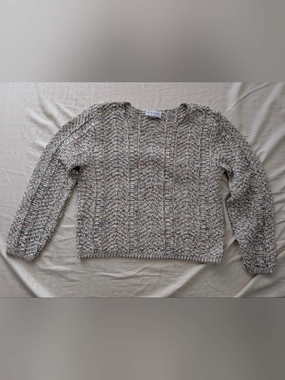 Vtg Knitty Gritty Women's Cotton Chunky-Knit Marled Open Cardigan, M, Gray/White